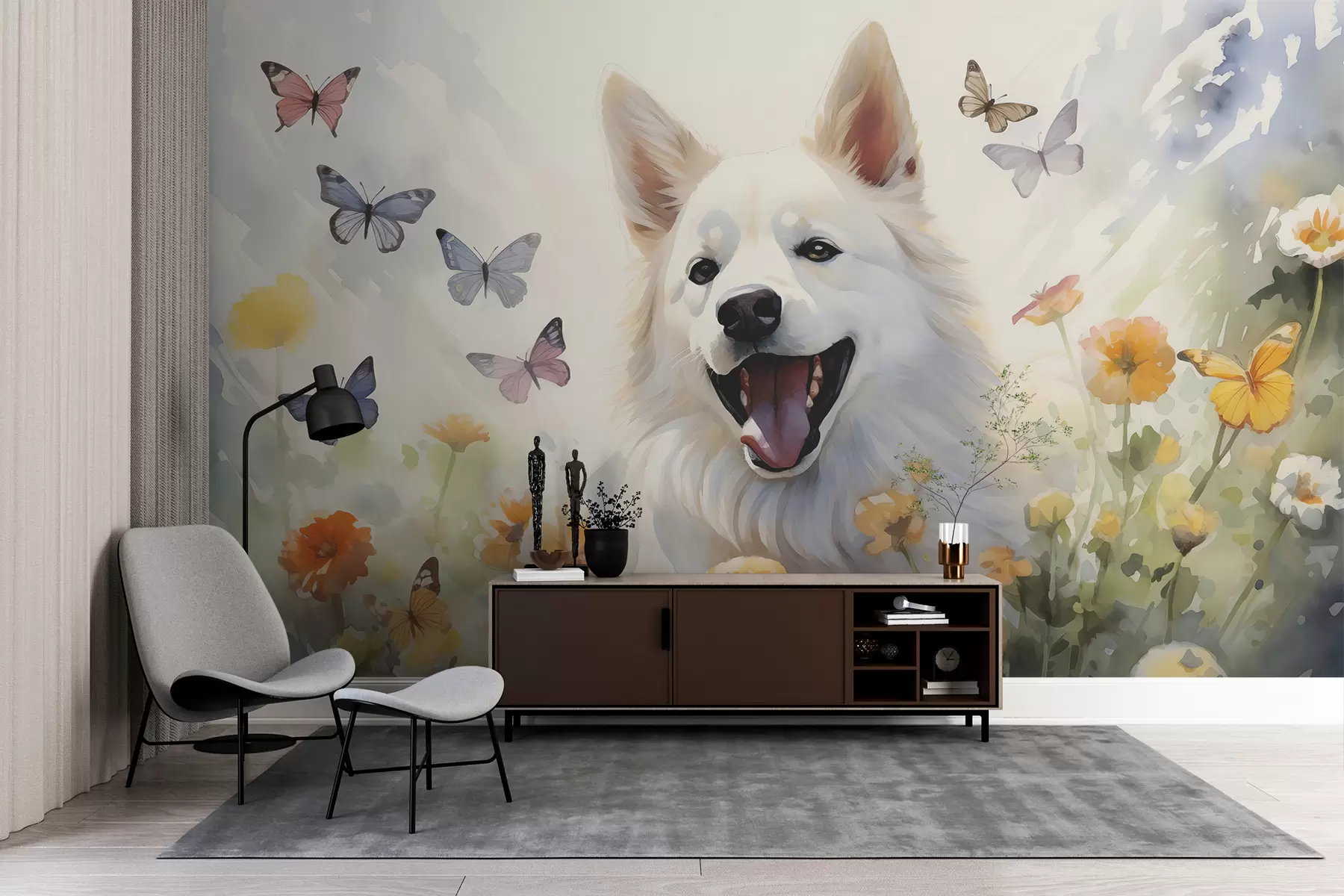murales de pared Perro blanco entre mariposas y flores acuarela w00941
