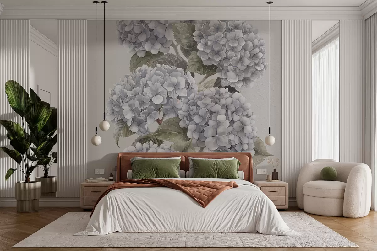 murales de pared Ramas de hortensias en suaves colores pastel. w08176