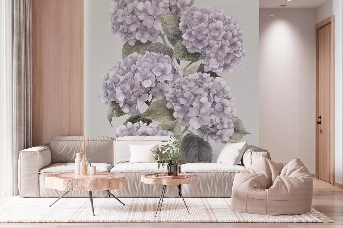 murales de pared Ramas de hortensia en suaves colores rosa w08176v1