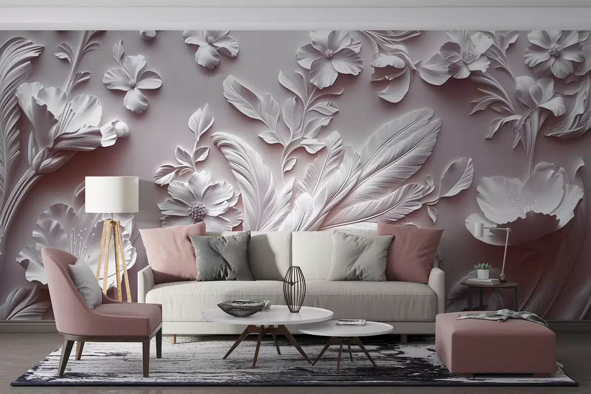 murales de pared Exquisitas flores y hojas en relieve en tonos rosados. w01356v1