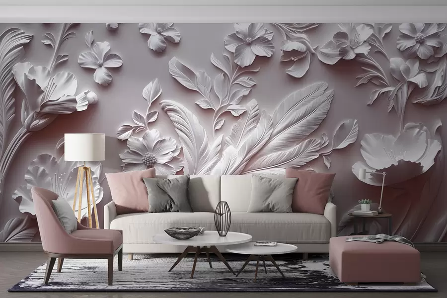 murales de pared Exquisitas flores y hojas en relieve en tonos rosados. w01356v1