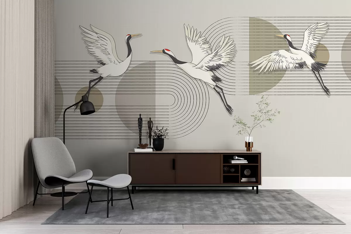 murales de pared Tres grullas blancas en vuelo sobre un fondo geométrico minimalista con círculos concéntricos w08188