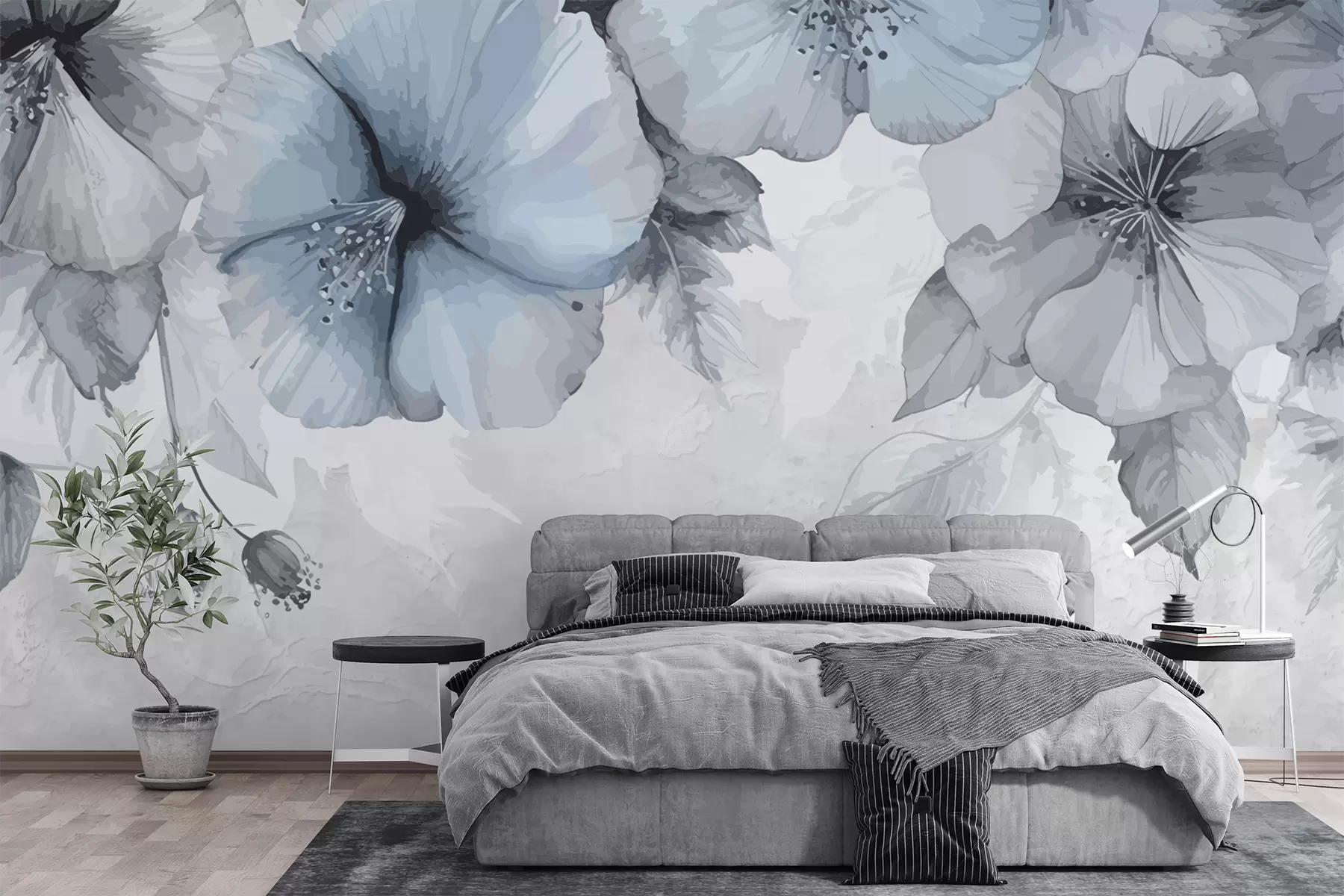 murales de pared Grandes flores de color azul grisáceo sobre un fondo de hormigón. w01401