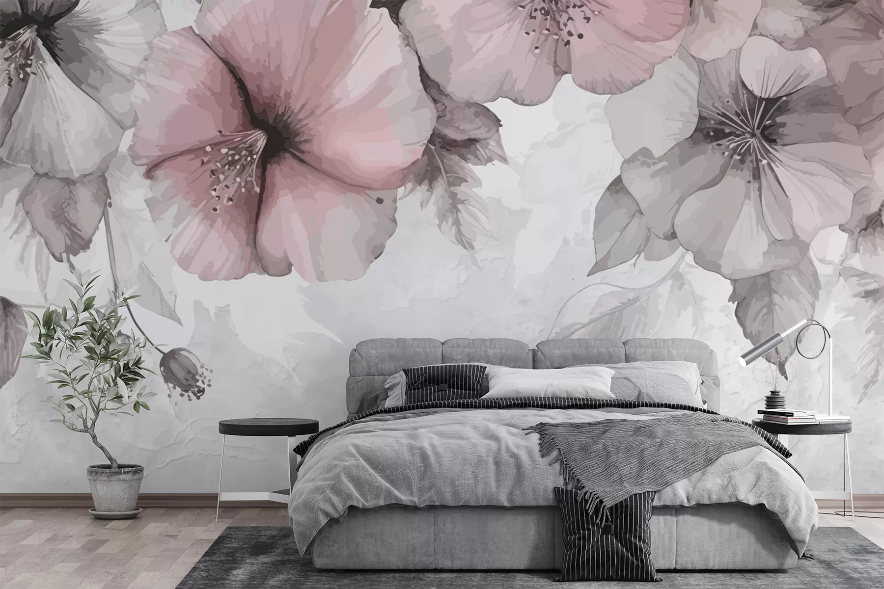 murales de pared Grandes flores de color gris rosado sobre un fondo de hormigón. w01401v1