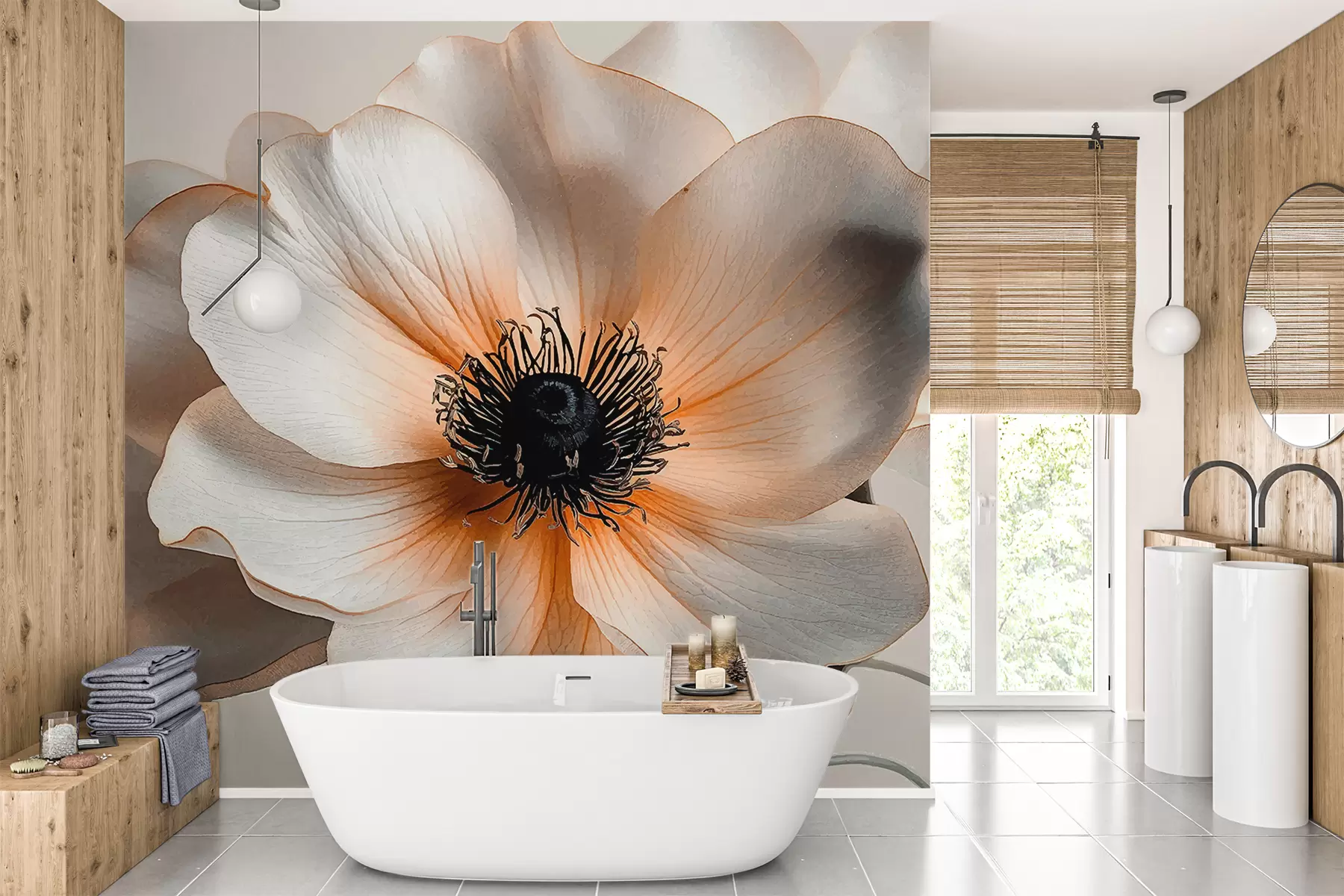 murales de pared Flor grande, blanca, beige, naranja. w01410