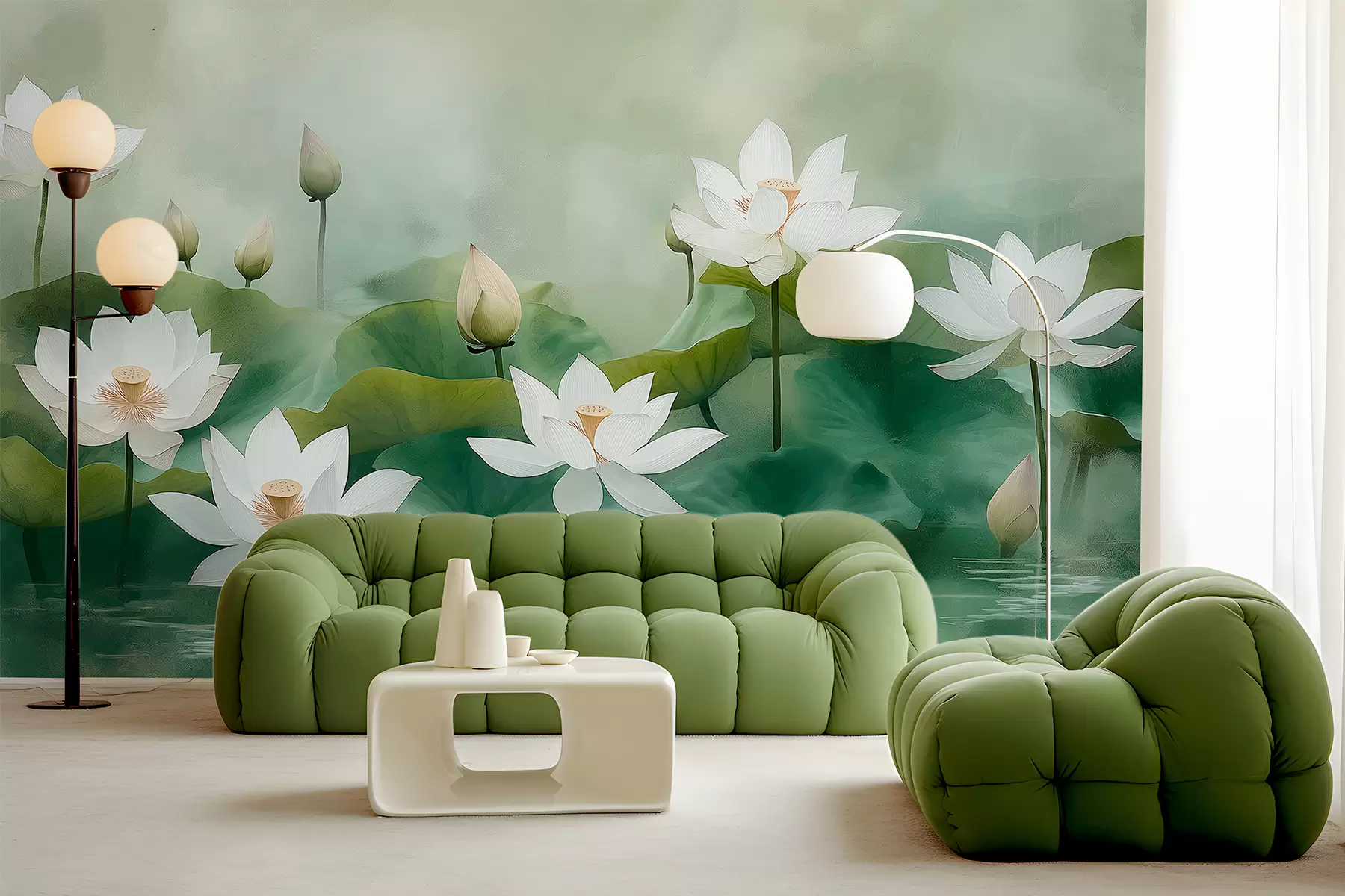 murales de pared Lotos en el lago, naturaleza, niebla, dibujo acrílico, hojas grandes, jungla, colores naturales suaves w01450