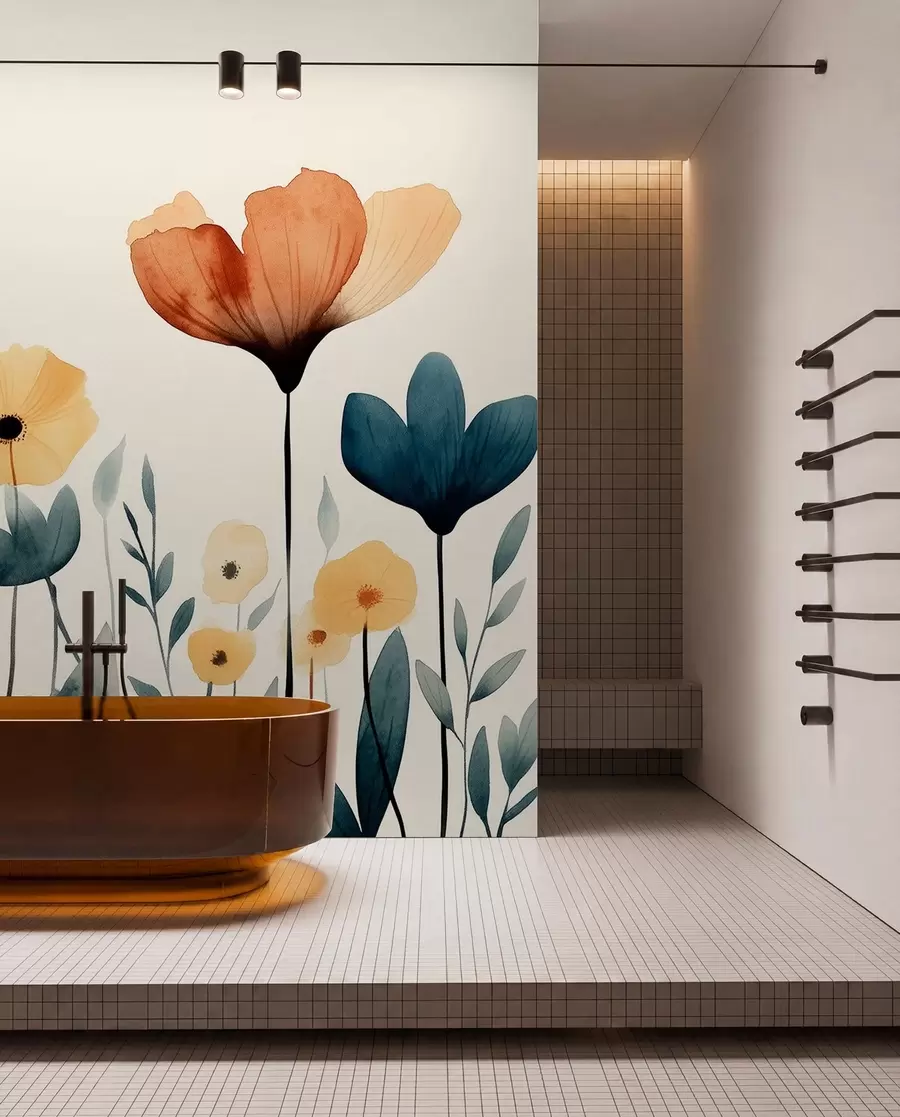 murales de pared Acuarela de flores de prado, rústica, composición floral, dibujo sencillo, beige, naranja, azul  w01453
