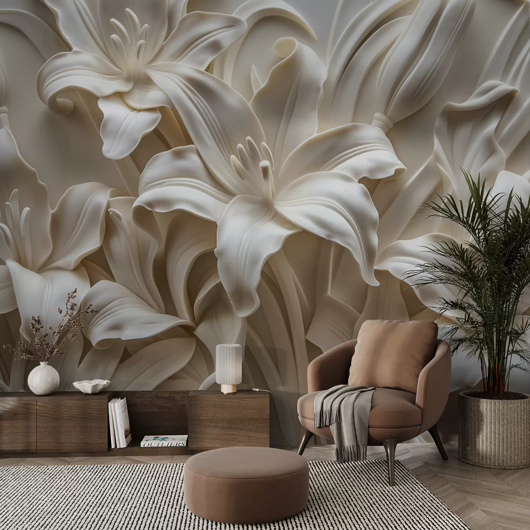 murales de pared Elegante relieve tridimensional de color beige de lirios tallados w01433