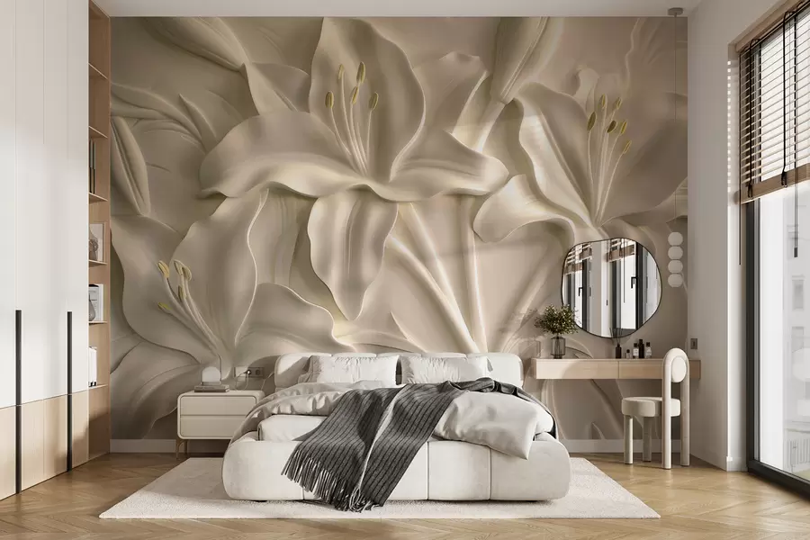 murales de pared Bajorrelieve de grandes lirios beige w01434