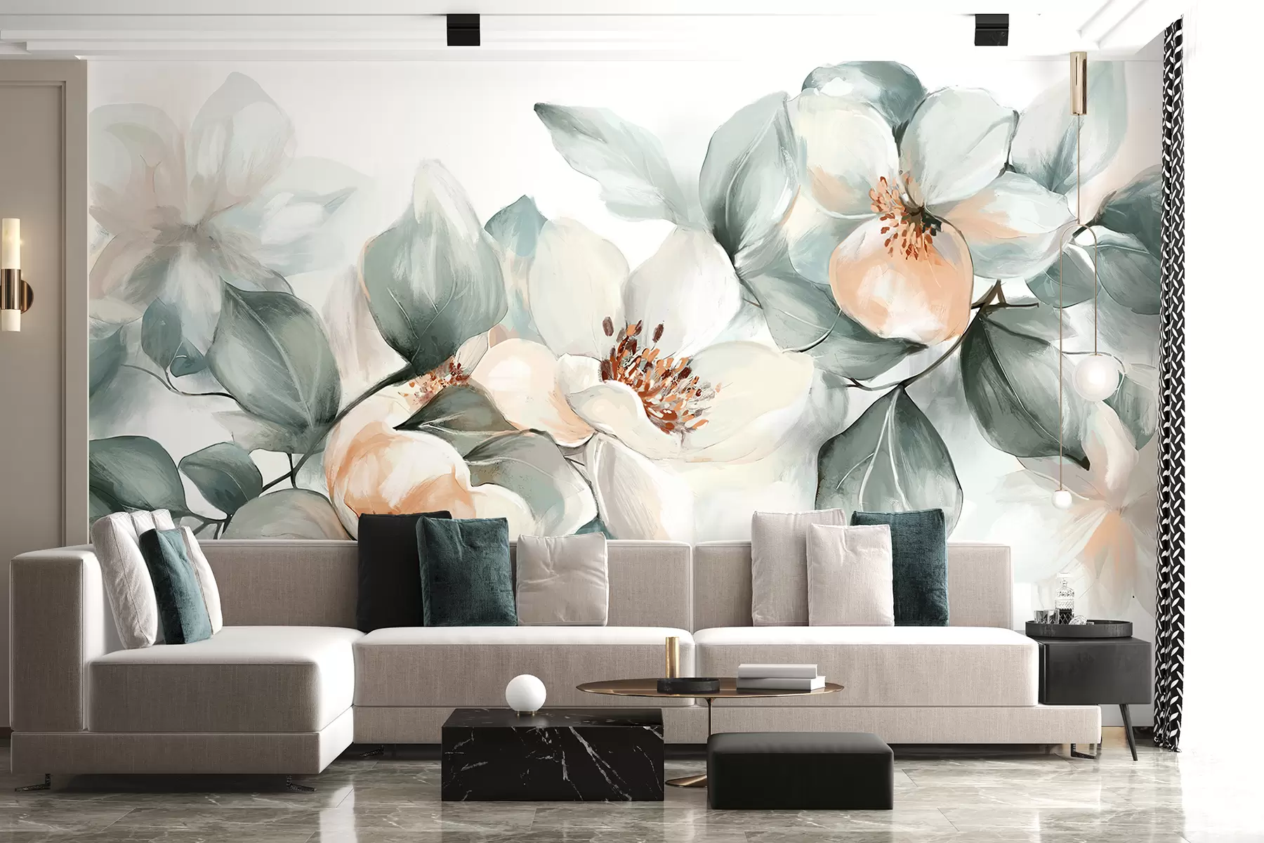 murales de pared Delicadas flores de magnolia blancas y rosas con hojas verdes suaves sobre un fondo claro. w08220