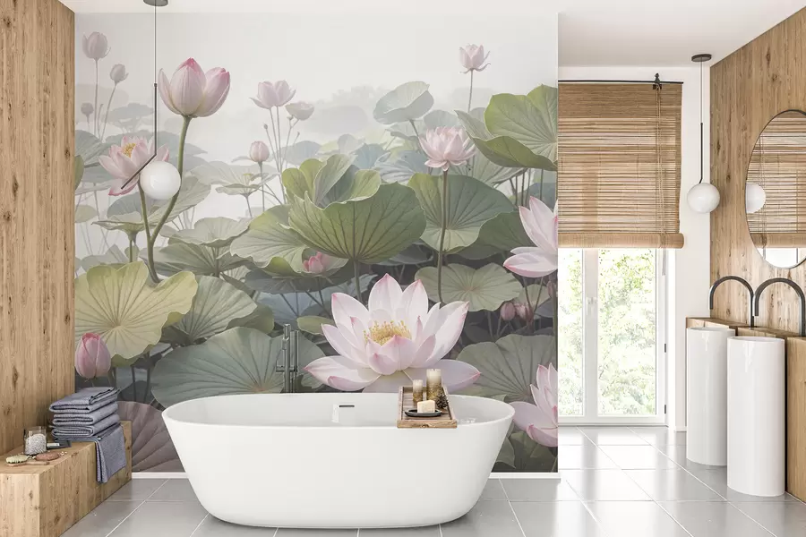 murales de pared Flores de loto rosas y blancas con grandes hojas verdes, rodeadas de un fondo atmosférico y brumoso. w08221