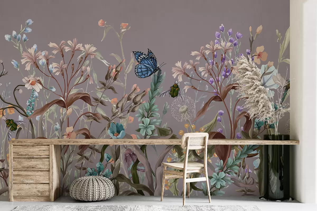 murales de pared Una colorida ilustración violeta de una escena de jardín exuberante y florido con insectos en un estilo fantástico y onírico. w08234v1