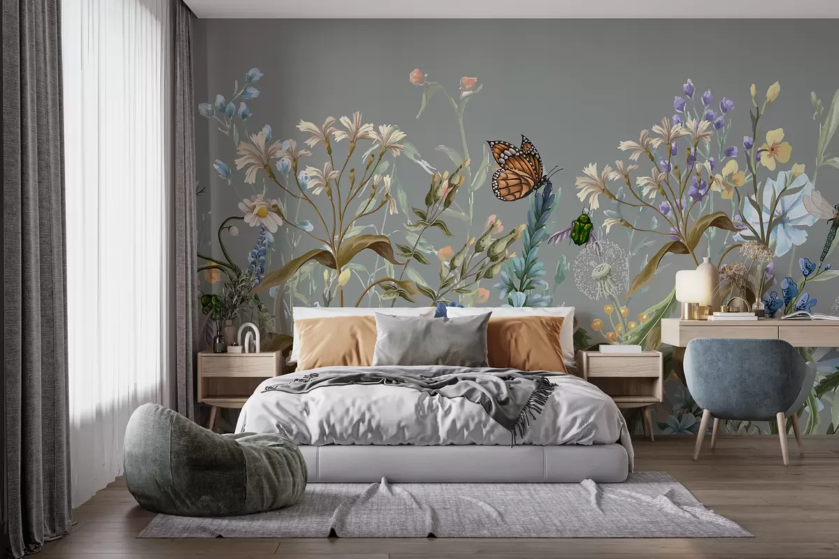 murales de pared Una colorida ilustración azul de una escena de jardín de flores exuberantes con insectos en un estilo fantástico y onírico. w08234
