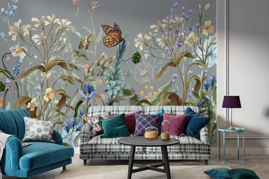 murales de pared Una colorida ilustración azul de una escena de jardín de flores exuberantes con insectos en un estilo fantástico y onírico. w08234