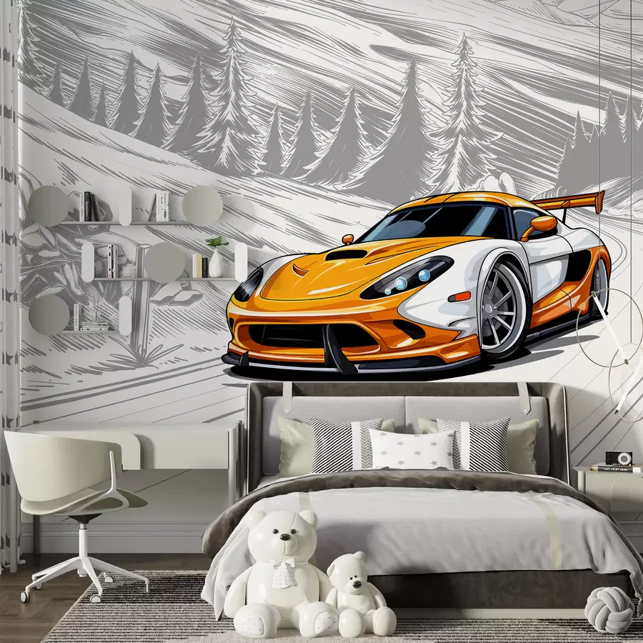 murales de pared Un coche deportivo naranja sobre un fondo gris con una carretera llena de baches entre montañas y abetos. Para decorar la habitación de un niño w00954