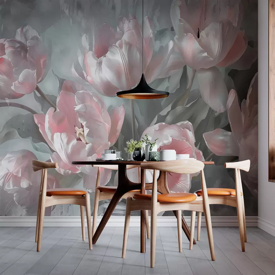 murales de pared Tulipanes rosas en estilo vintage w00966