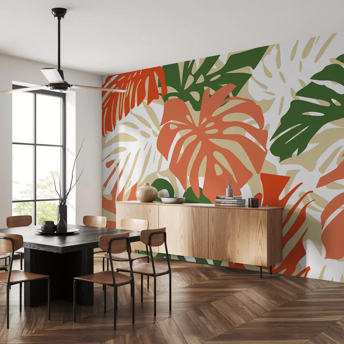 murales de pared Hojas de monstera tropical brillantes, tonos naranja, beige, verde y rojo. w01002v2