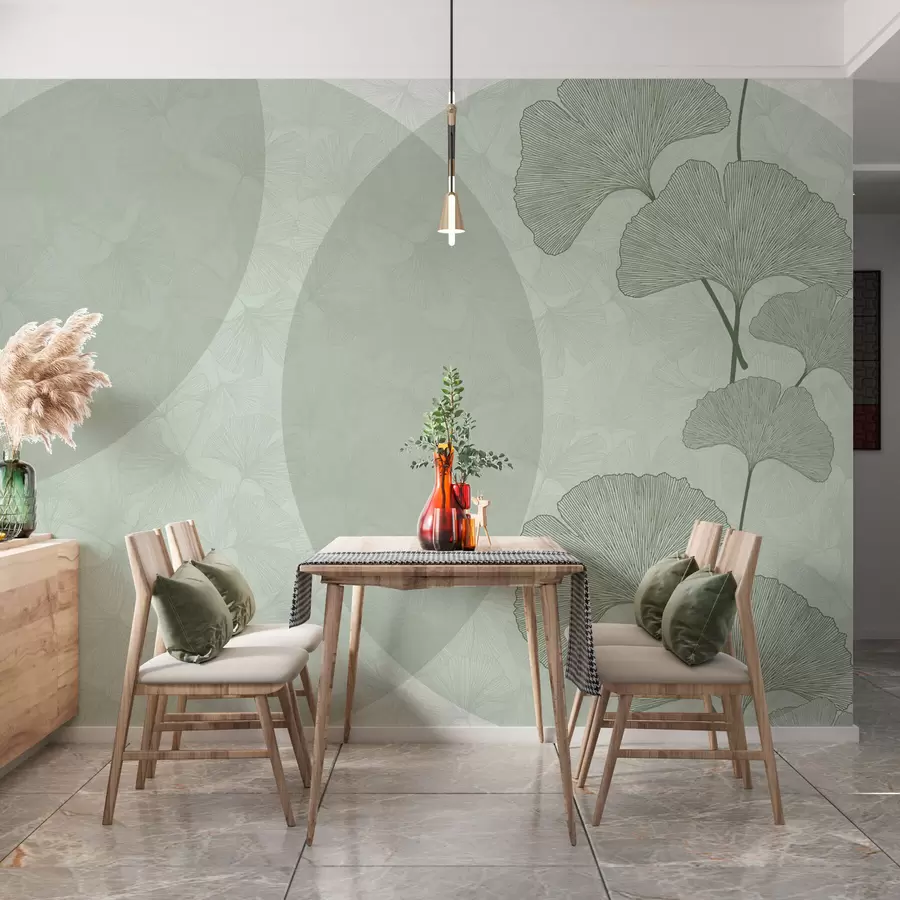 murales de pared Hojas de ginkgo grandes y geometría de color verde w01465v2