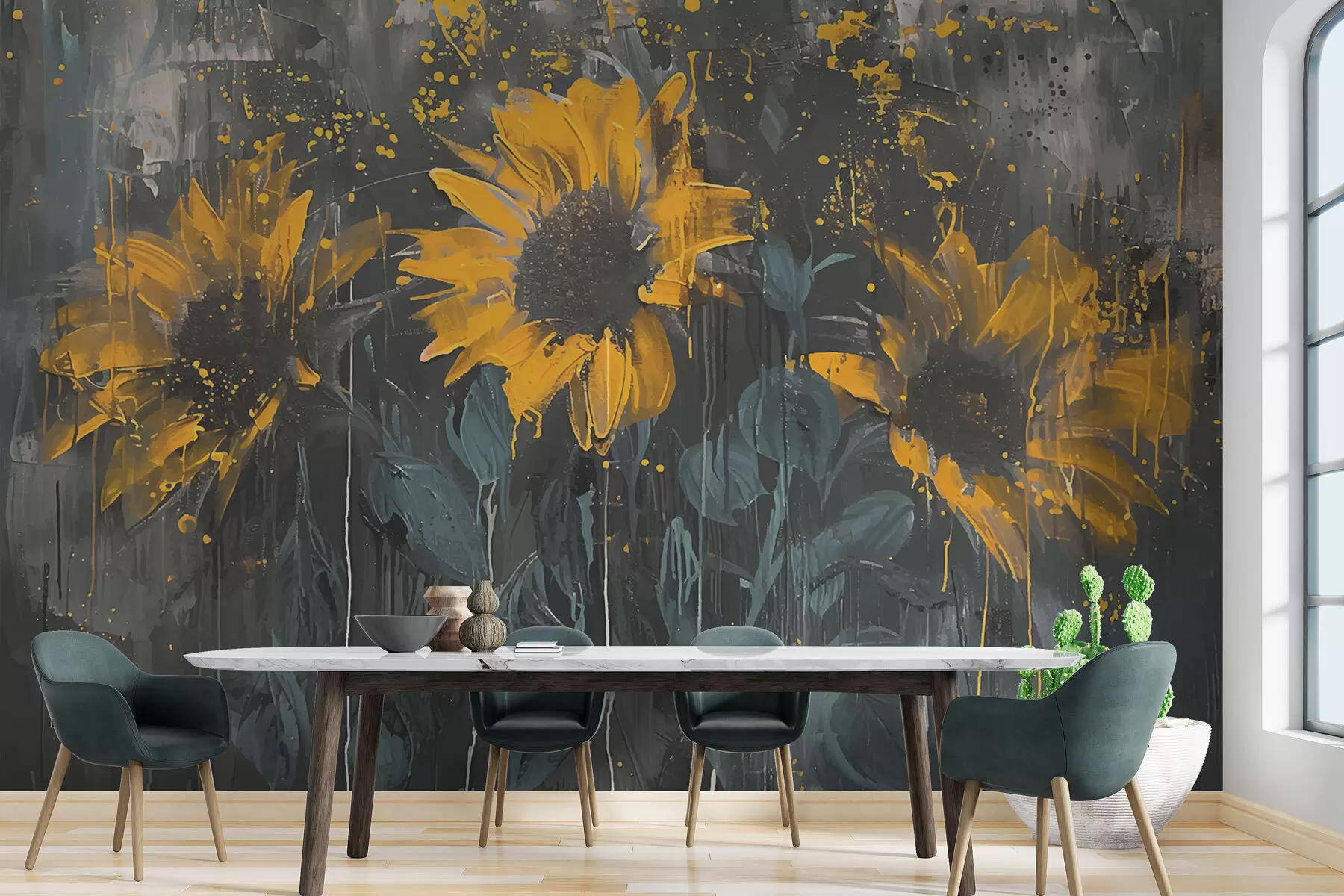 murales de pared Cuadro abstracto de girasoles, fondo gris oscuro y tonos amarillos w01480