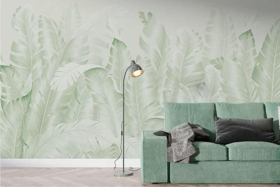 murales de pared Hojas tropicales de color verde pastel de moda w01481v2