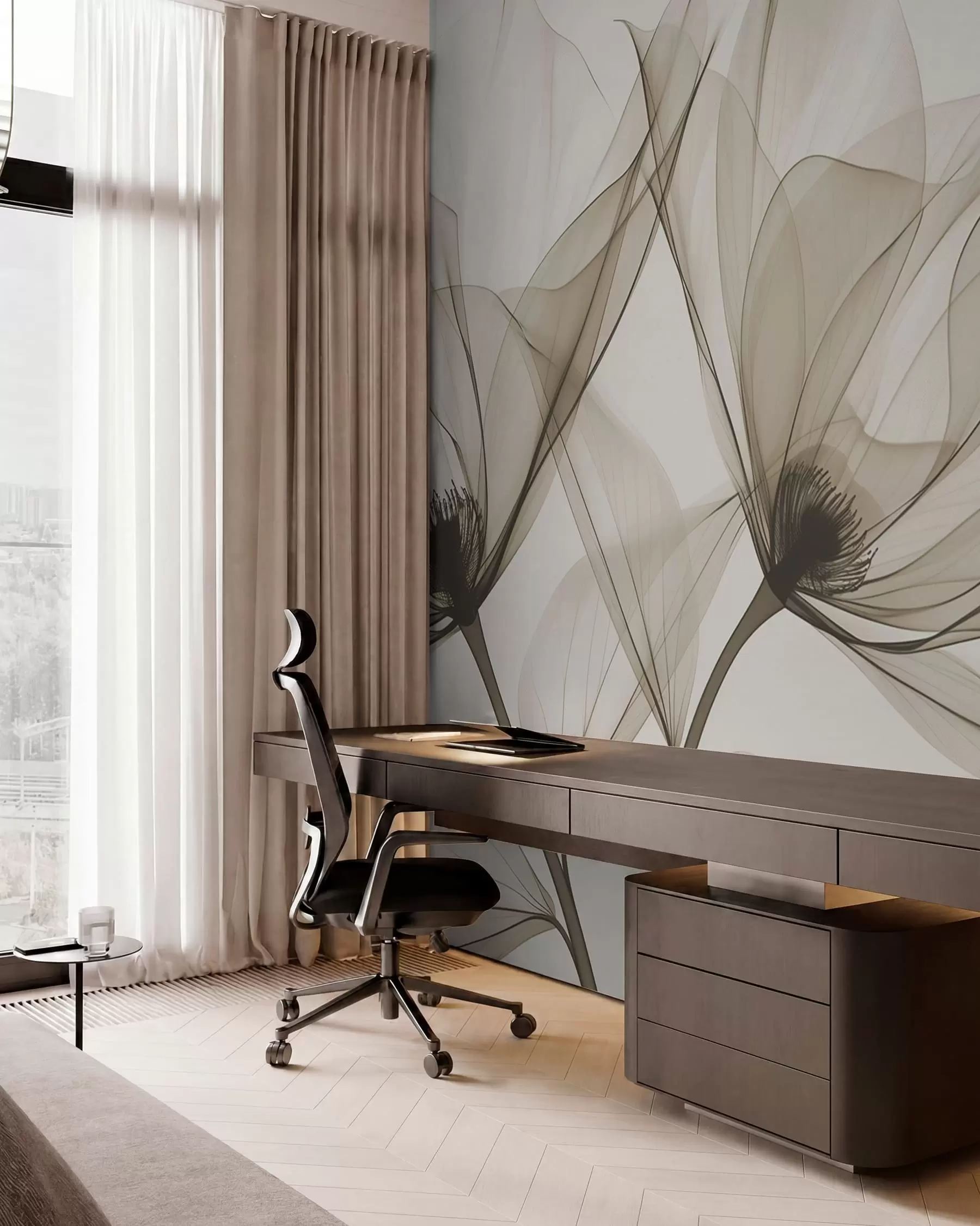 murales de pared Flor azul transparente en estilo de rayos X sobre fondo blanco Diseño botánico monocromático minimalista w01482v1
