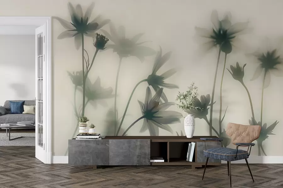 murales de pared Delicadas flores en la niebla en colores azules. w01468v1