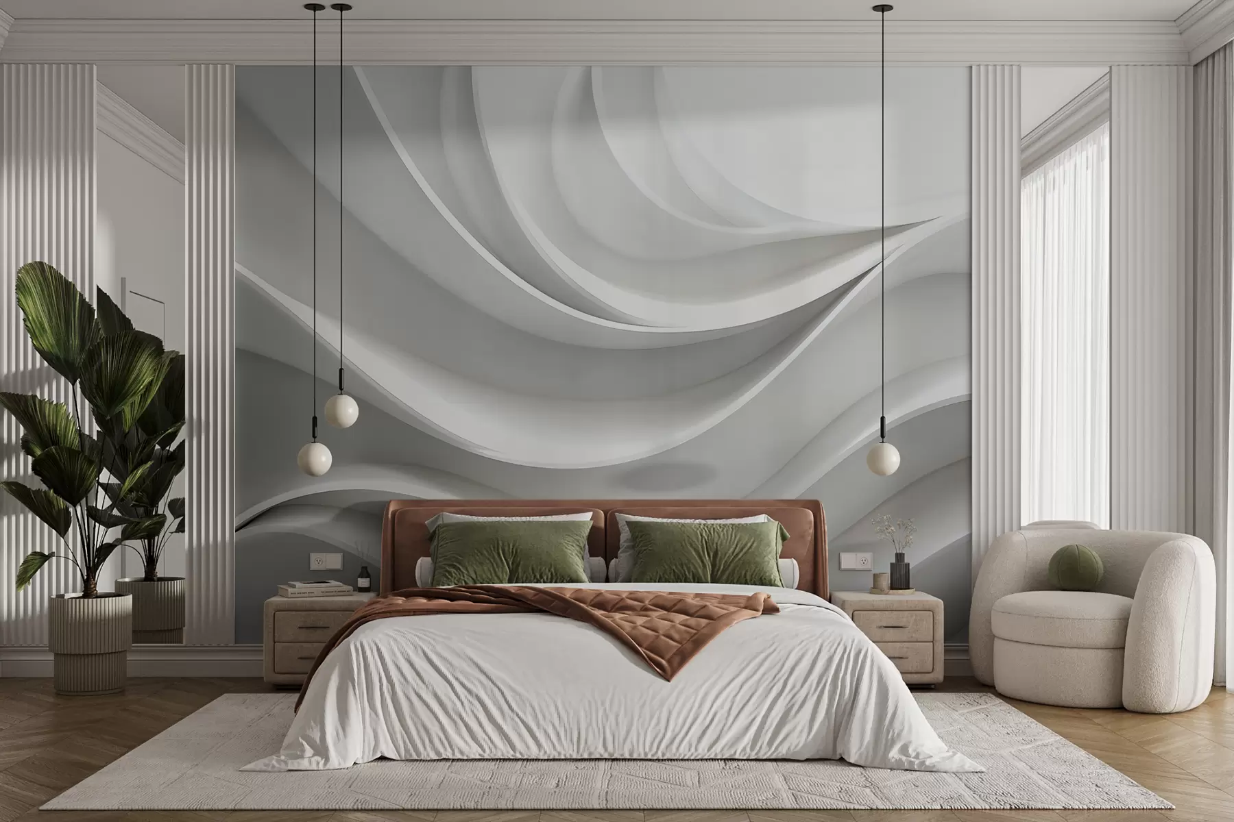 murales de pared Forma de onda abstracta volumétrica 3D blanca w01471