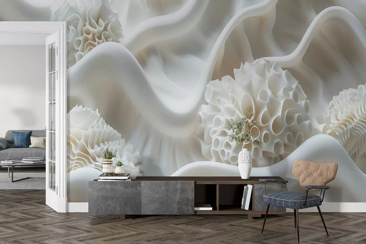 murales de pared Fondo abstracto ondulado de formas blancas en estilo 3D w01475