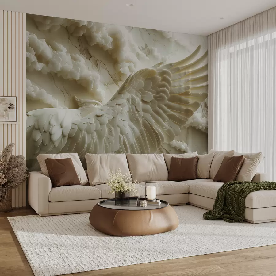 murales de pared Águila blanca voladora en 3D sobre un fondo de nubes y mármol w01476