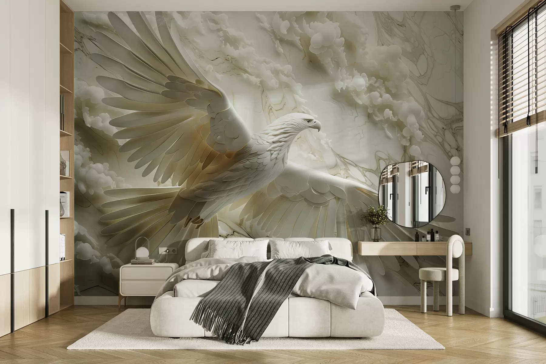 murales de pared Águila blanca 3D sobre un fondo de nubes y mármol. w01477