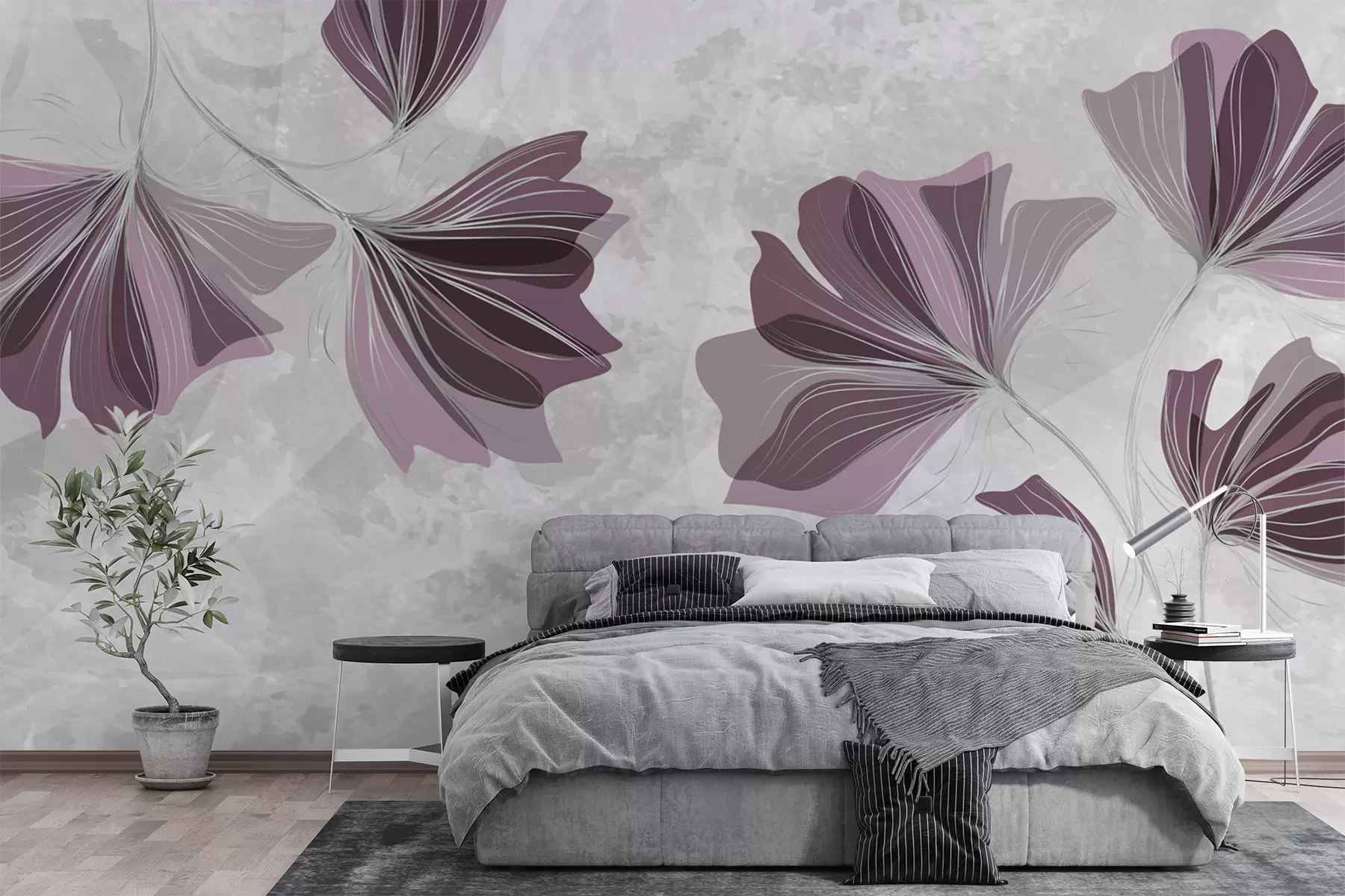 murales de pared delicadas flores moradas, flores grandes, fondo gris, acuarela w01032