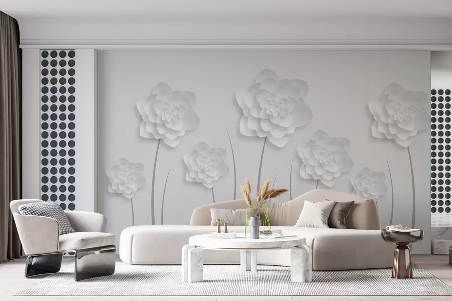 murales de pared Flores grandes con imitación de volumen en estilo papel sobre fondo gris claro con tallo gris w01021