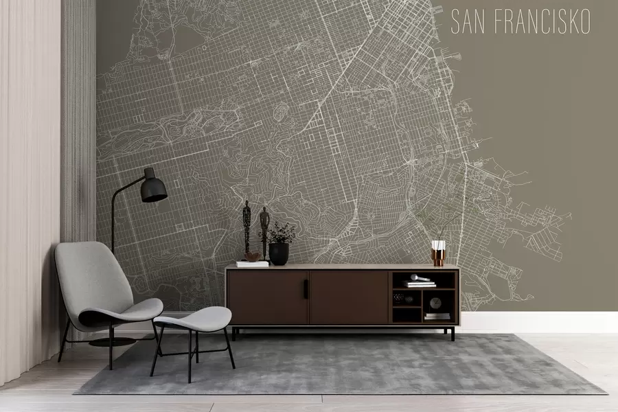 murales de pared Mapa ampliado Mural mural de la ciudad de San Francisco sobre fondo marrón  w01025v1