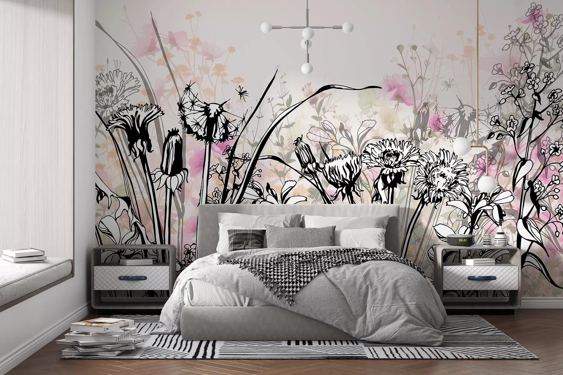 murales de pared Un campo de flores silvestres y hierbas en tonos naranja, negro y blanco sobre un fondo claro. w08236v1