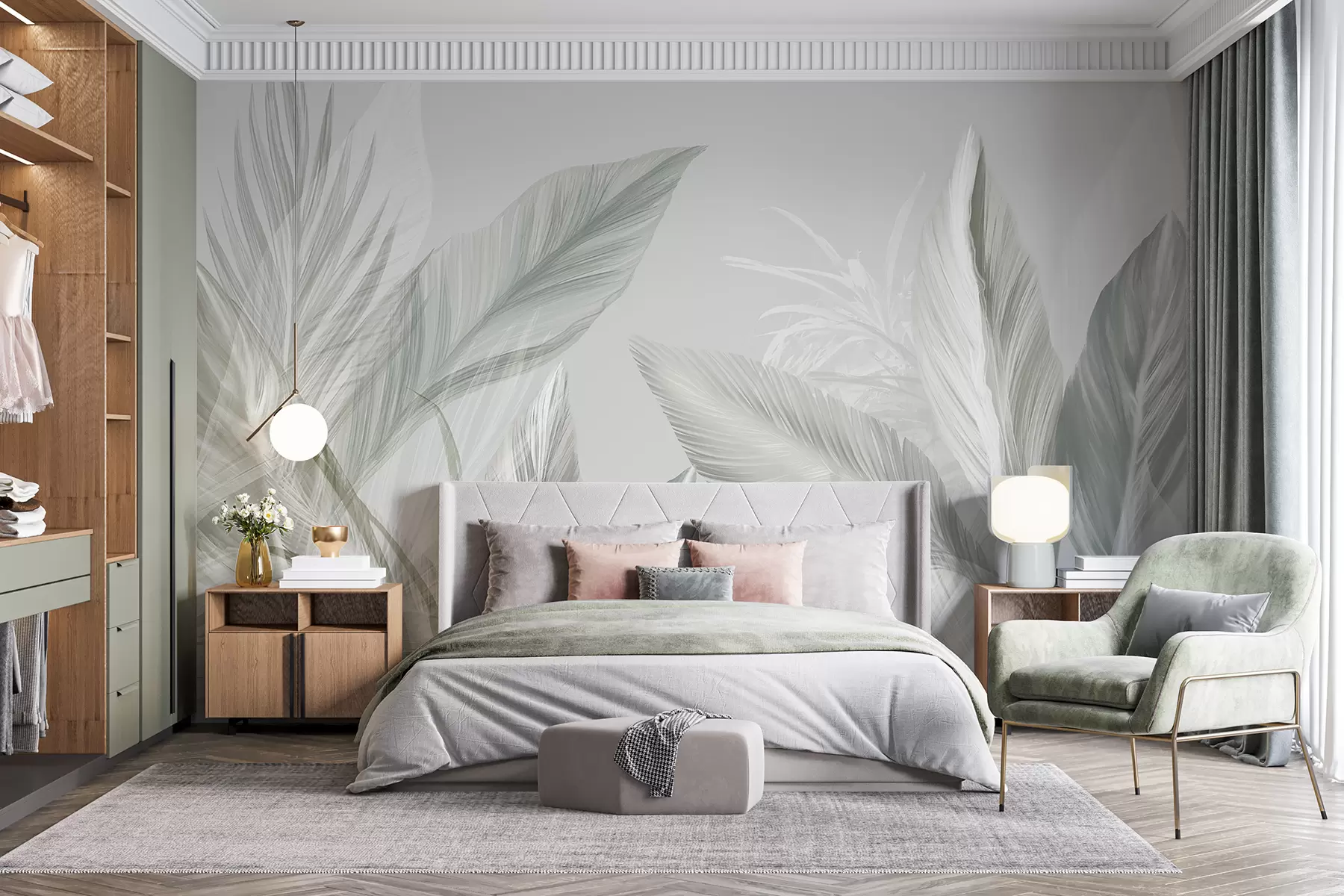 murales de pared Suaves plumas blancas, verdes y grises y hojas tropicales flotando sobre un fondo claro w08241