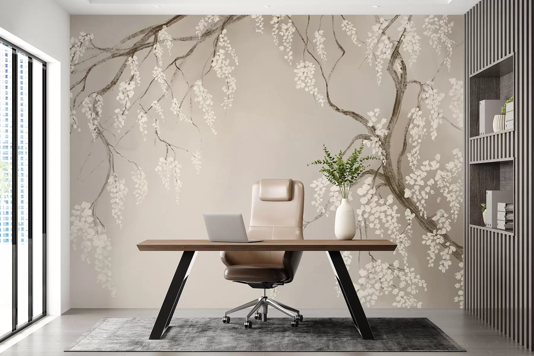 murales de pared Delicado cerezo blanco con flores floreciendo en las ramas sobre un fondo beige w08243