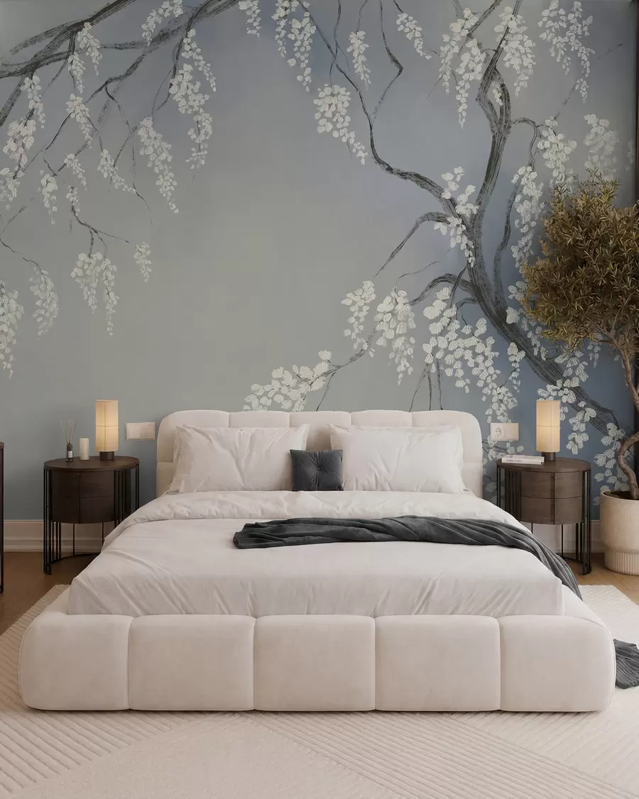 murales de pared Delicado cerezo blanco con flores floreciendo en las ramas sobre fondo azul w08243v1