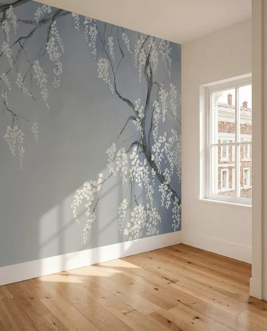 murales de pared Delicado cerezo blanco con flores floreciendo en las ramas sobre fondo azul w08243v1
