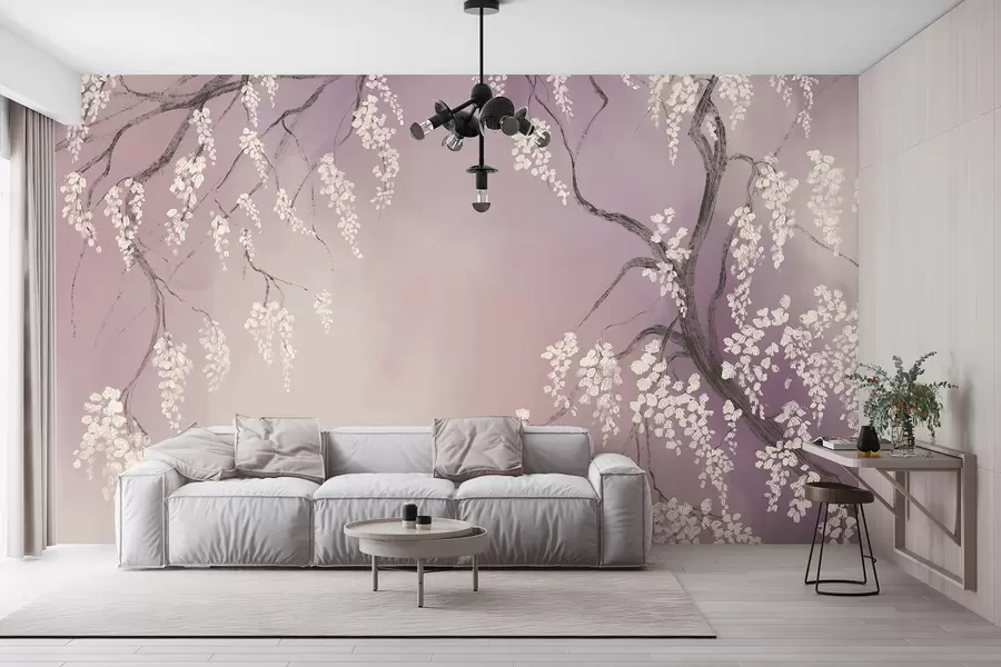murales de pared Delicado cerezo blanco con flores floreciendo en las ramas sobre un fondo rosa w08243v2