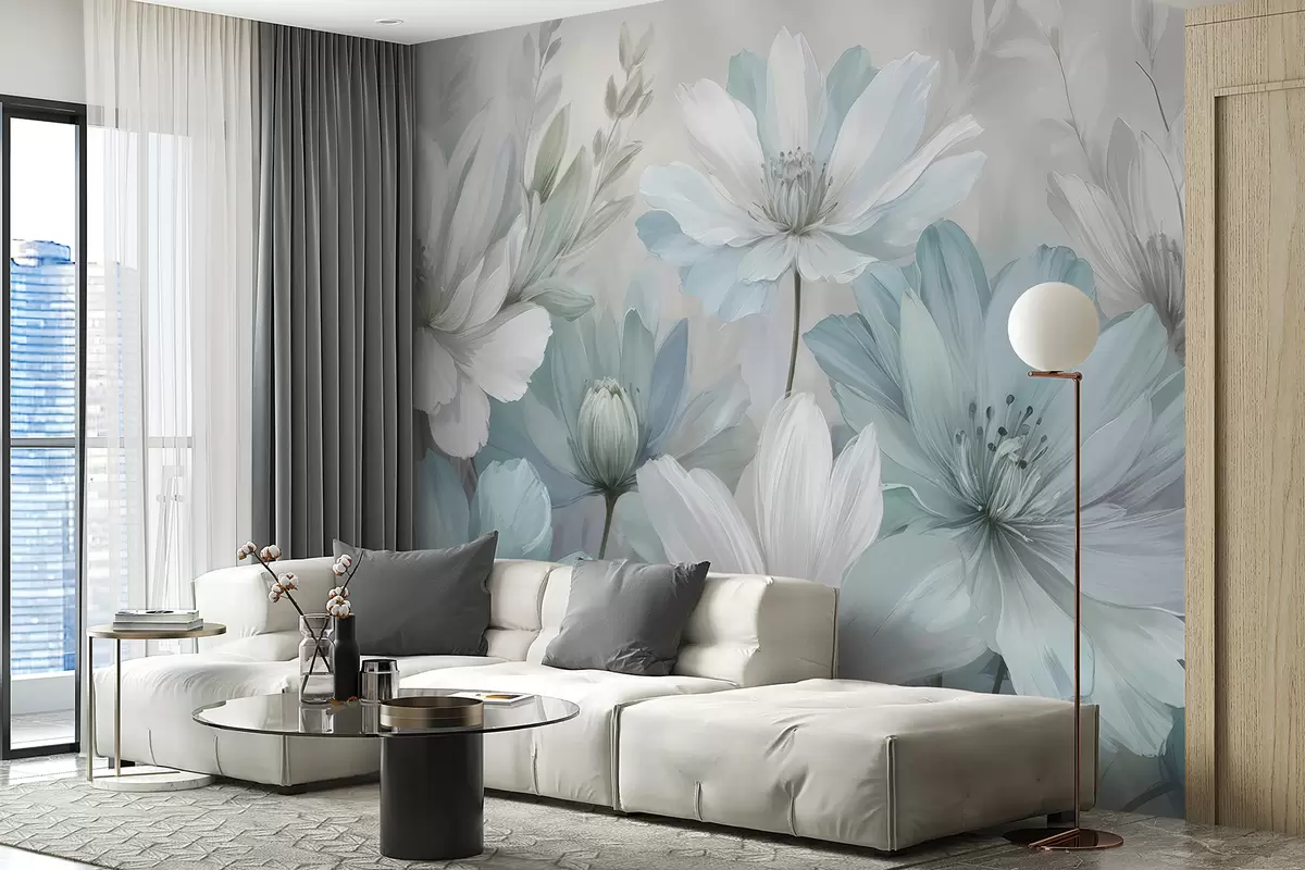 murales de pared Un primer plano de una pintura artística de flores blancas y celestes parecidas a margaritas con fondos suaves y borrosos w08247