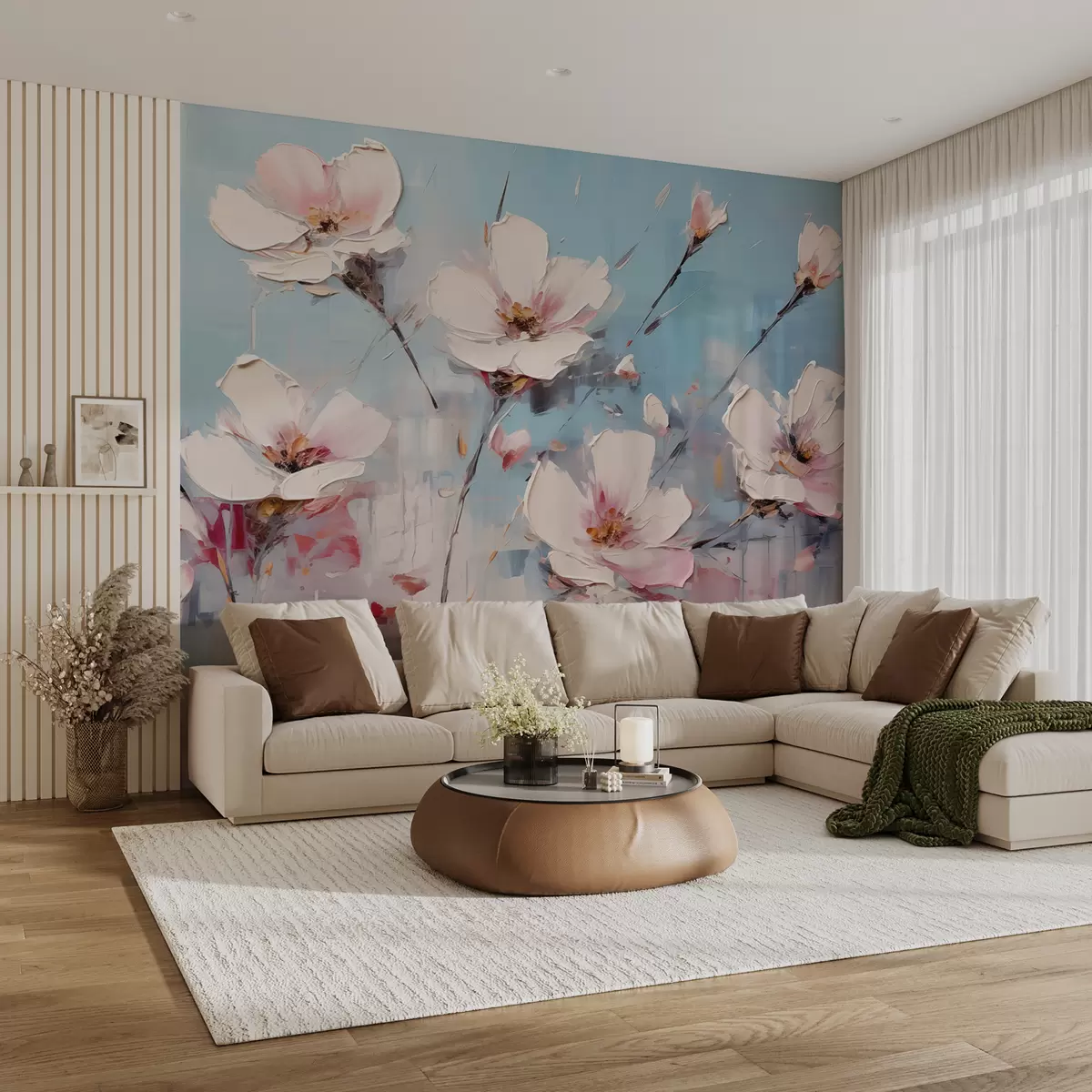 murales de pared Flores sobre fondo abstracto, color blanco, azul, gris y rosa. w01041