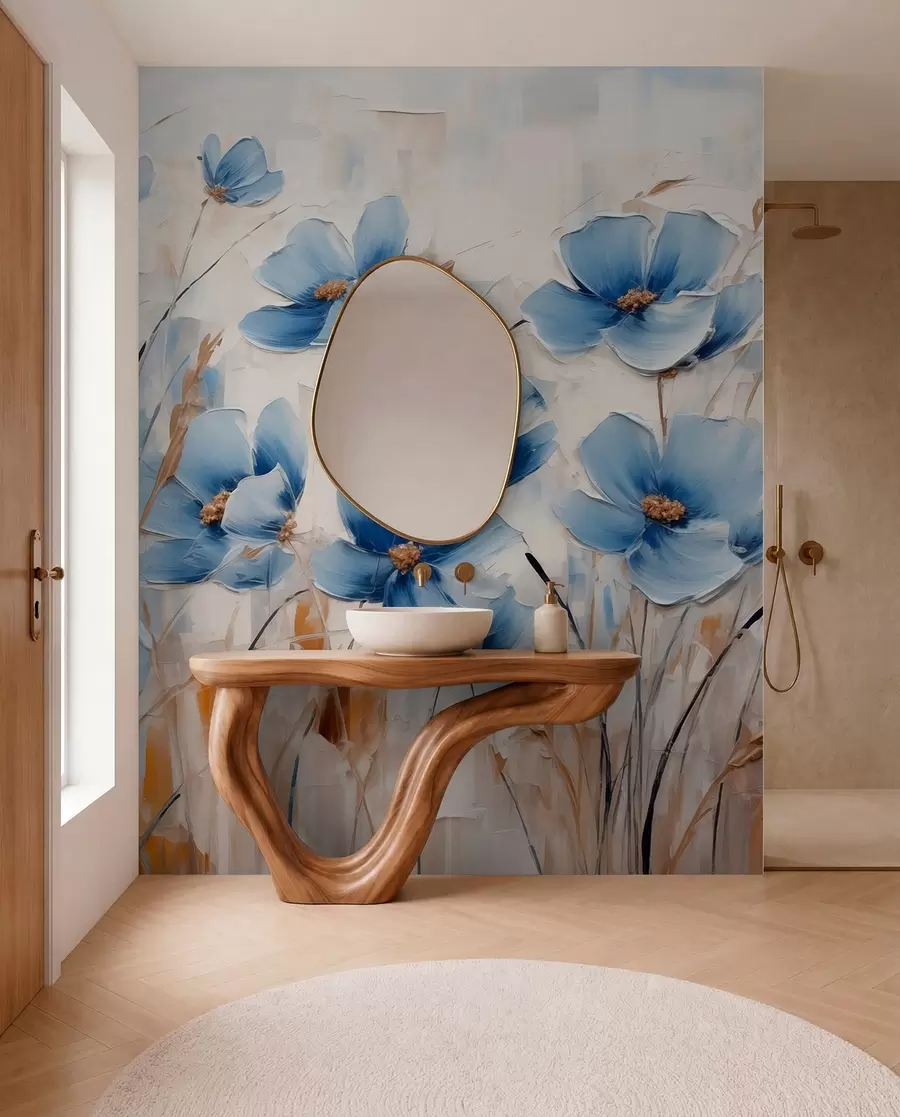 murales de pared Flores azules sobre fondo abstracto, imitación de pinceladas de óleo w01045