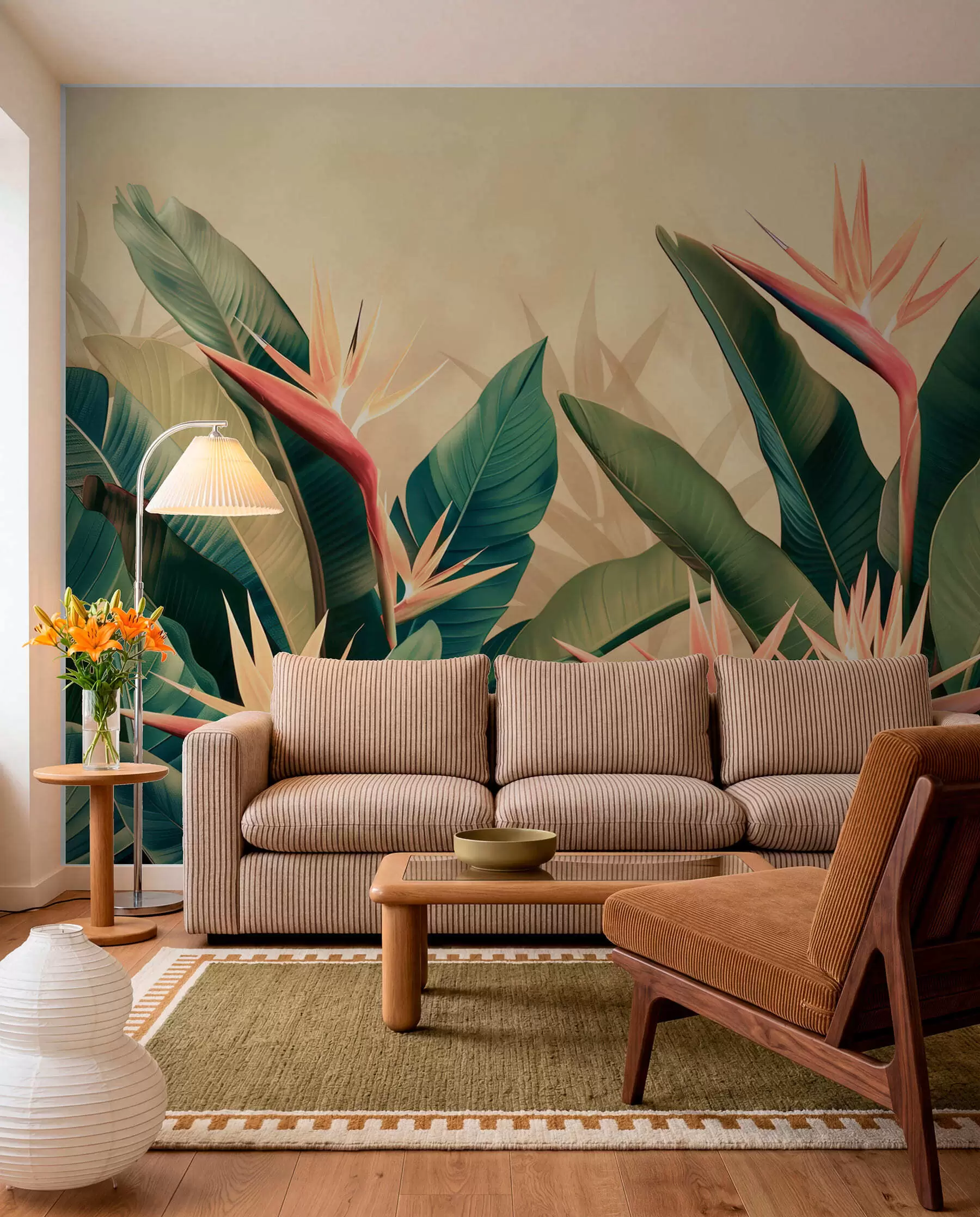 murales de pared Arreglo exuberante de flores tropicales rodeadas de grandes hojas de color verde oscuro w01484v1