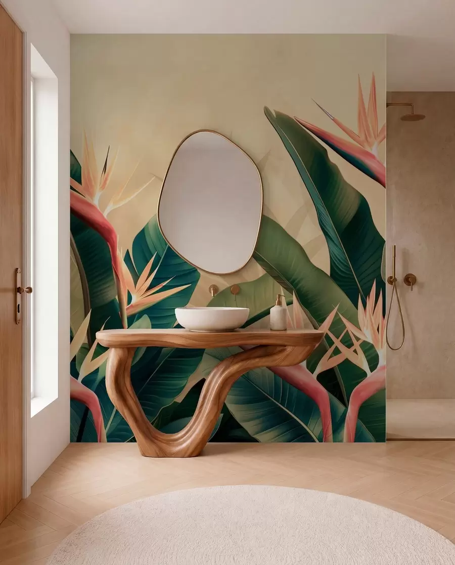 murales de pared Arreglo exuberante de flores tropicales rodeadas de grandes hojas de color verde oscuro w01484v1
