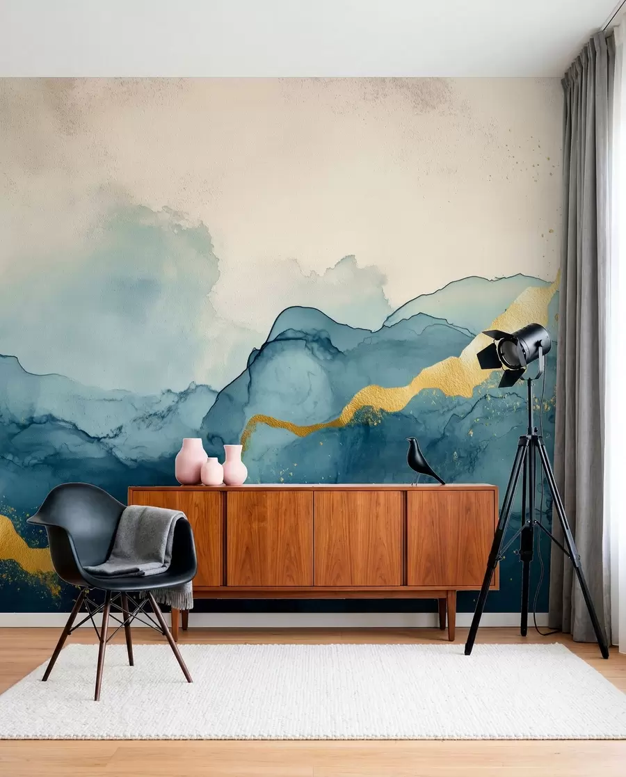 murales de pared Composición de acuarela vintage en color esmeralda con detalles w01362