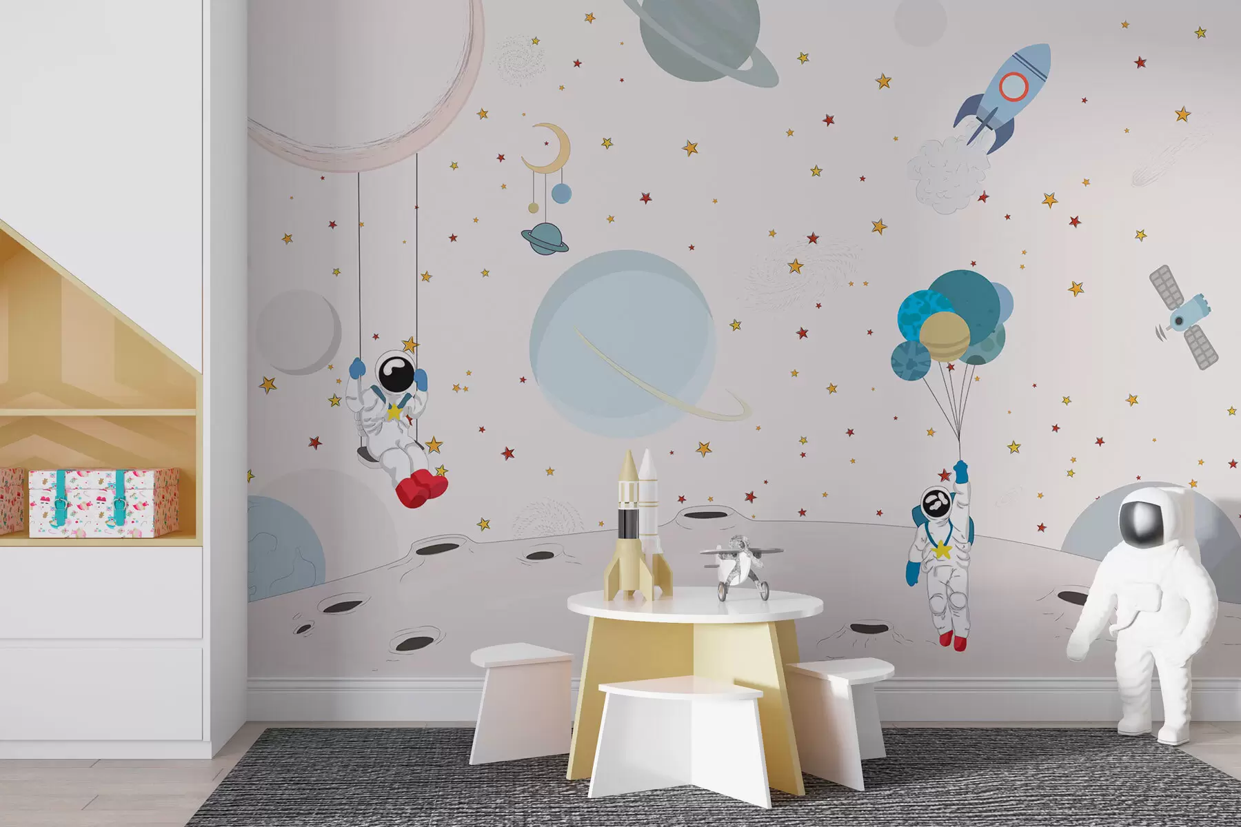 murales de pared Diseño espacial con astronautas, planetas, cohetes y estrellas w01489