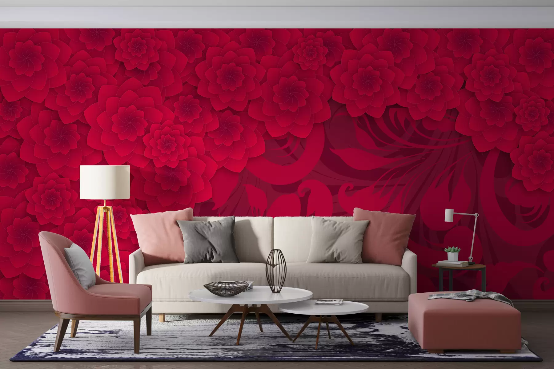 murales de pared papel pintado burdeos con grandes flores de imitación de volumen sobre el fondo de un motivo ornamental w01051