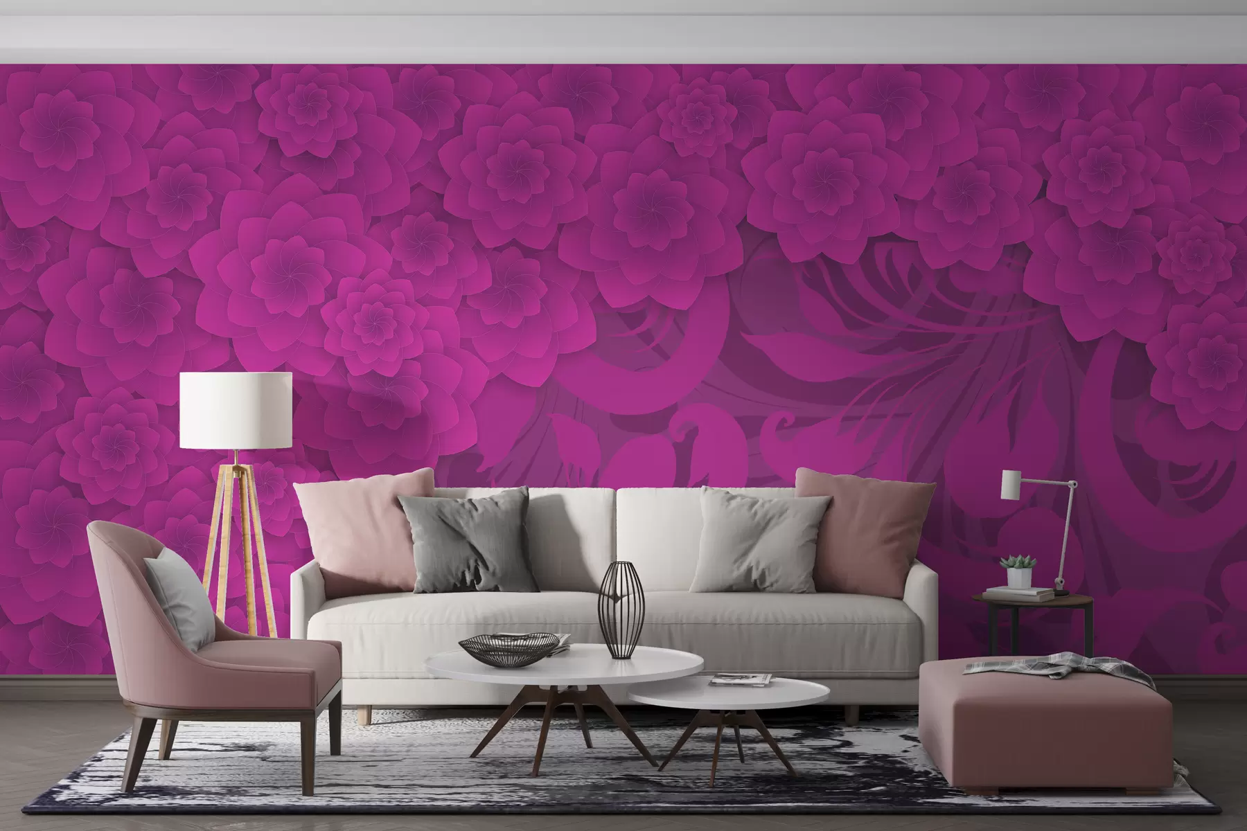 murales de pared papel pintado púrpura con grandes flores de imitación de volumen sobre el fondo de un motivo ornamental w01051v2