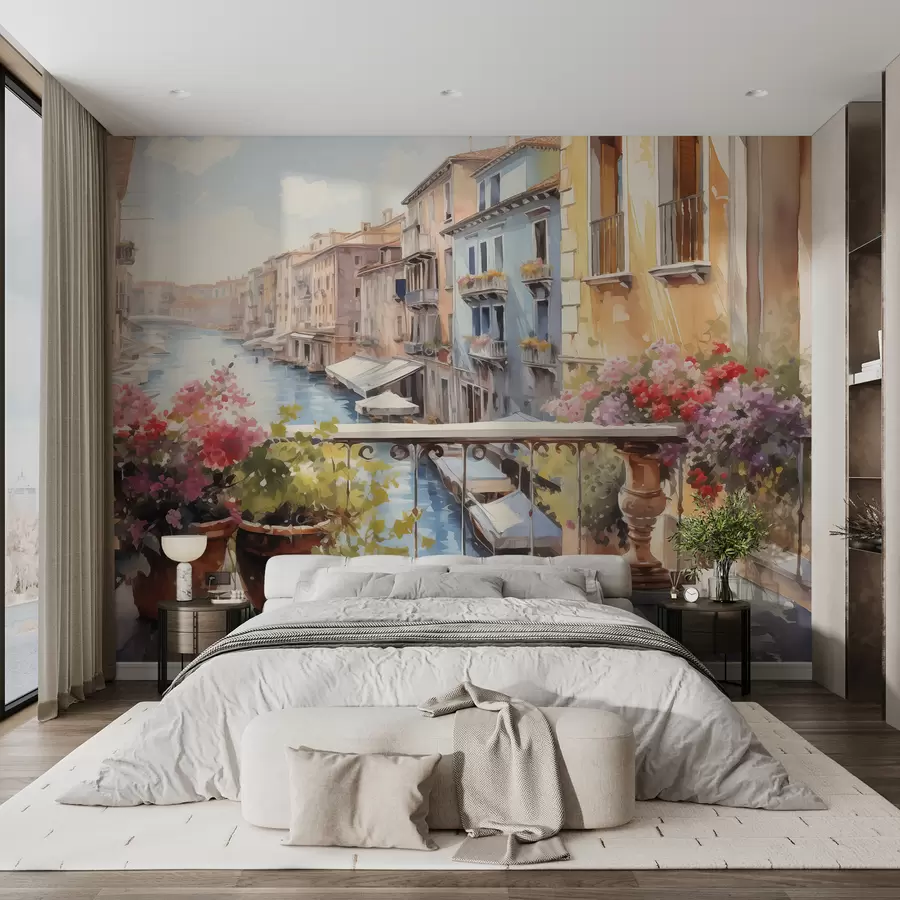 murales de pared Flores en macetas en un balcón de Venecia acuarela w01052