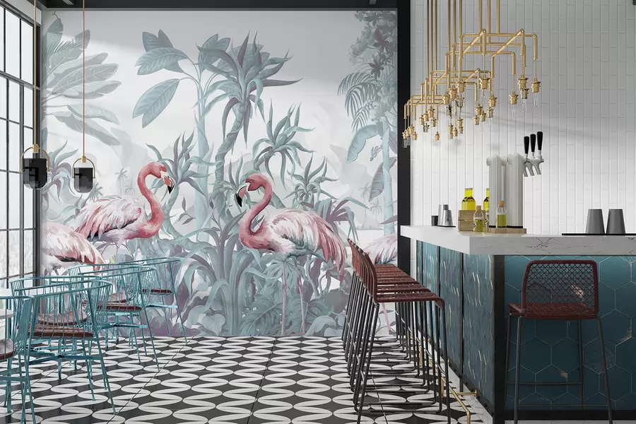 murales de pared  Flamencos rosas de pie en un exuberante follaje tropical con grandes hojas de palmera y flores en tonos verdes y blancos w08250v1